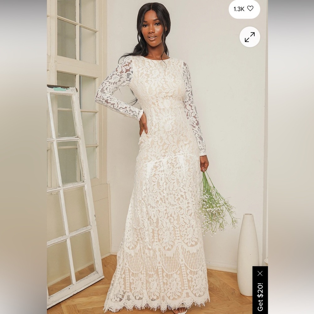 NWT Lulu's Say I Do White Lace Long Sleeve Mermaid Maxi Dress - Picture 2 of 16